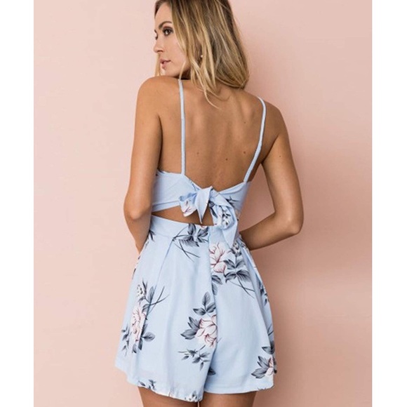 Sky Blue Babydoll Open Tie Back Fancy Romper,S-XL - Picture 3 of 6